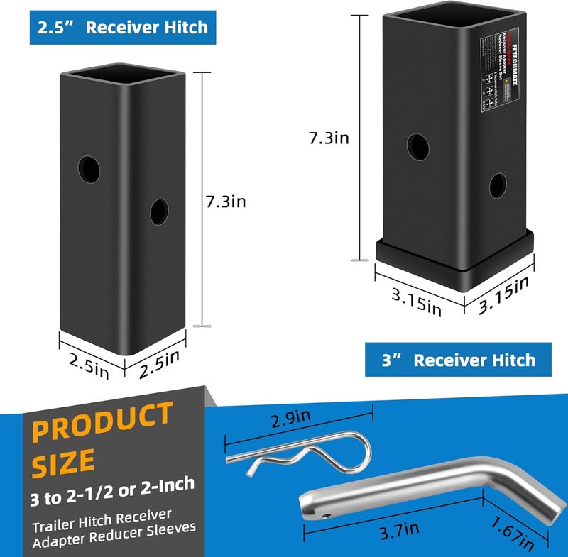 Fetechmate Trailer Hitch Receiver Extender Adapter Reducer Sleeve Set by , 3" to 2", 3" to 2-1/2", 2-1/2" to 2" Carbon Steel Extender Towing Trailer Hitch Receiver with Pin & Clip - Image 2